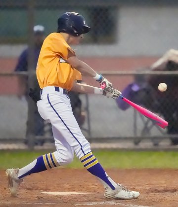 Boe Boehm drove in two runs with this hit April 8 in Schulenburg. Photo courtesy of Howard Esse.