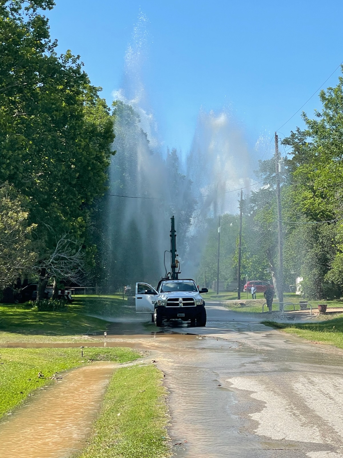 A contractor accidentally hit a water line in Moulton, sending a gyser shooting several feet into sky last week. City leaders said it was a good test of the SCADA equipment installed on the water works last year, because it notified crews instantly so the could shut down the leak quickly. 