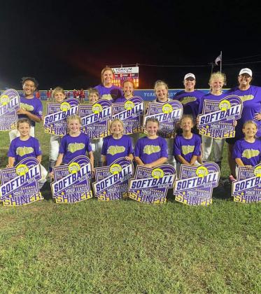 Shiner Minor softball finished runner up in the District 31 Tournament. Front row from left is Harper Patek, Max Collins, Pyper Neskora, Avery Colman, Addison Ulcak and Paytyn Molnoskey. Back row from left is Patricia Price, Bree Nitsch, Ally Trojcak, Coach Melissa, Eastyn Pohler, Charlotte Hairell, Coach Ashley, Kendyl Boehm and Coach Amanda.Not pictured Kenzie Springfield. Photo courtesy of Melissa Colman.