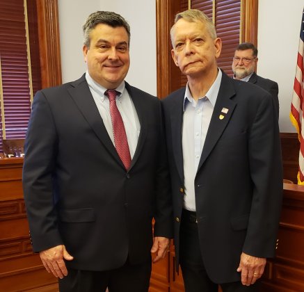Both former Lavaca County Judges, Keith Mudd (just after accepting his Sunday, Jan. 1) and Ronnie Leck (who retired in 2021 as Shiner Police Chief, bringing a more 50-year-long career in public service to an end. As county judge, Leck led the historic remodeling efforts at the courthouse, and is one of the key reasons that building is such a showpiece today.