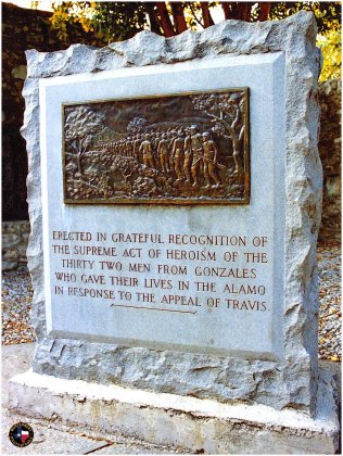 Memorial to the 32 men from Gonzales who died at the Alamo. It is located on Alamo grounds - Photo by Murray Montgomery