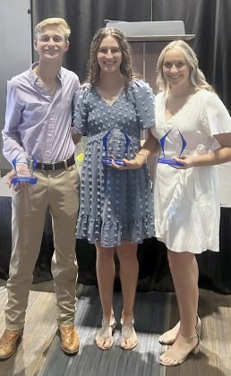 Boe Boehm (left) for cross country. Rylee Vancura (center) as Female Athlete of the Year and Paeden Vincik (right) for softball. Photo courtesy of Shiner All-Sports Booster Club. 