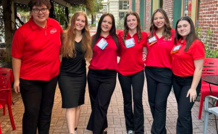 Members attending the FCCLA Conference are, from left, Carson Barrera (Chapter Service Chair); Brenna Scott (Chapter Vice President); Nadia Evans, Laney Bible, Madilyn Camarillo (Chapter President and Conference Voting Delegate), Kendall Mayer